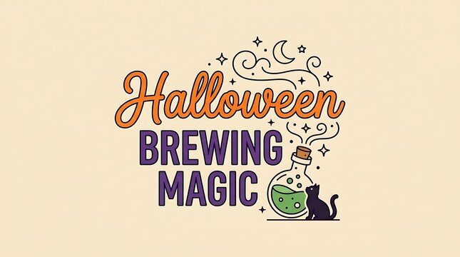 Halloween brewing magic typographic design with cat and potion