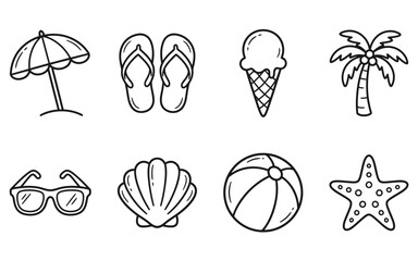 Fototapeta premium Summer vacation icons set, beach symbols with umbrella, flip flops, ice cream, palm tree, sunglasses, shell, ball and starfish, line 