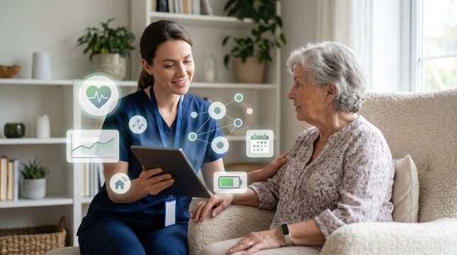 Smiling female nurse using tablet computer to explain health data to senior woman patient at home, digital healthcare concept with holographic icons and medical technology.