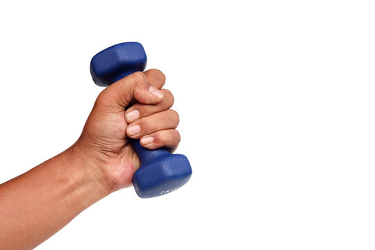 Asian hand holding a 1 kg blue dumbbell isolated on white background. Home fitnes, strength training, healthy lifestyle and muscle building concept.