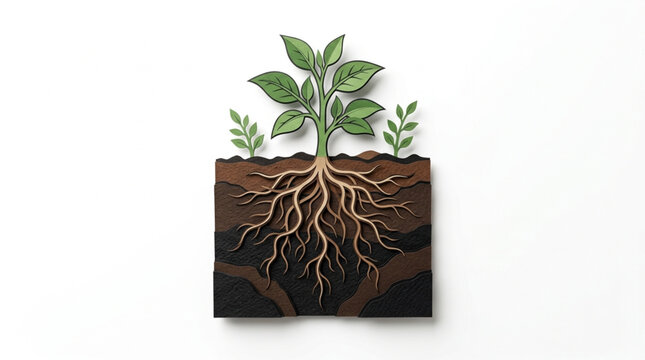 Plant with extensive root system growing in soil cross section.