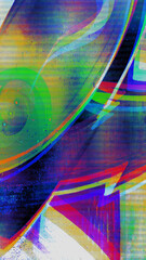 Fototapeta premium Abstract glitch halftone with neon green and magenta sweeping arc dot pattern and RGB split distortion on white background. Pairs with psychedelic and rave aesthetic.