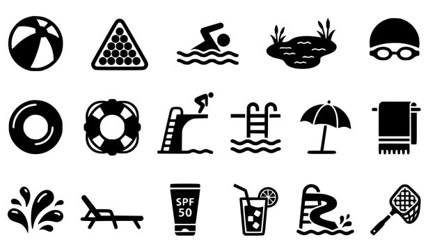 Filled Pool and Swimming Icon Set with Beach Ball Swimmer Sun Lounger and Resort Symbols EPS Vector