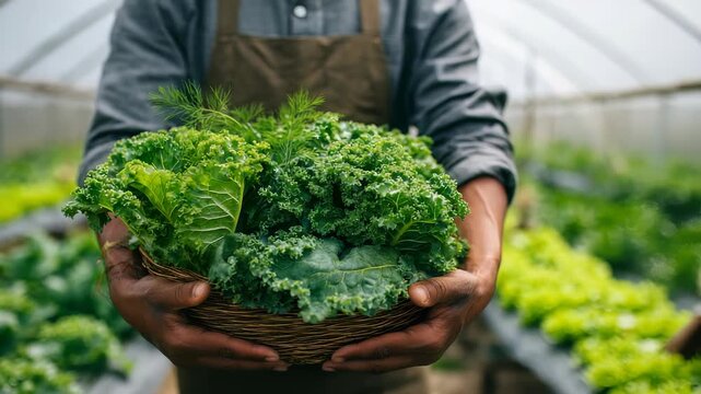 A close up of hands presenting a basket filled with vibrant green kale, lettuce, and herbs in a modern greenhouse. The image highlights organic produce and farm to table food trends