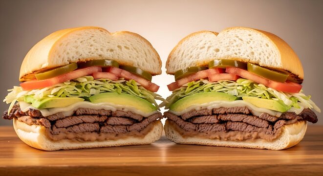  Mexican cuisine :  Mexican Torta sandwich cut neatly in half on a wooden board. The crusty, soft bolillo bread roll is toasted to a light golden hue,