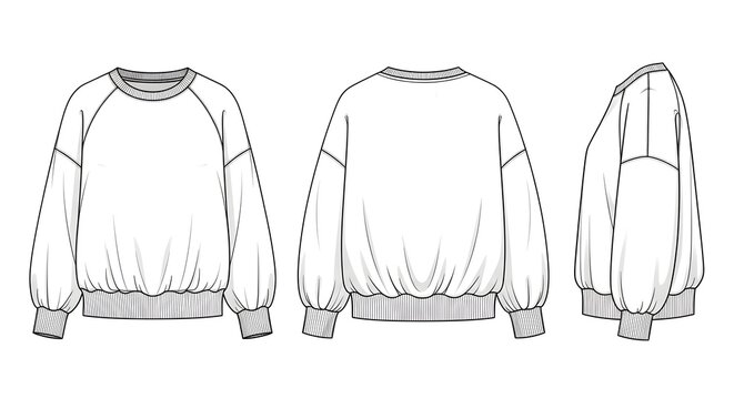 Technical fashion sketch of a sweatshirt with raglan sleeves and ribbed cuffs