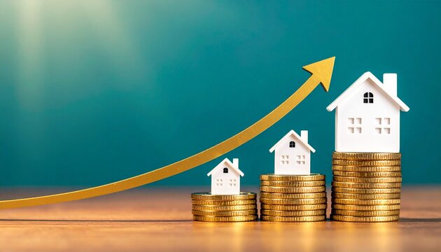 Gold coin stacks houses rising real estate investment growth