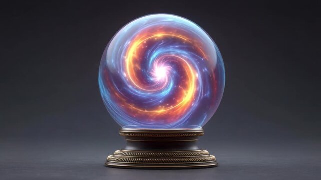 Mystical glowing glass orb with swirling fiery and electric blue vortex inside sitting on ornate metallic stand in dark atmospheric setting