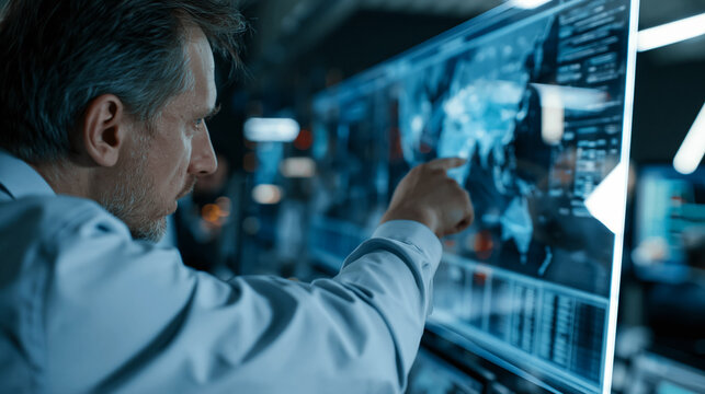 Businessman analyzing global data on futuristic touch screen in control room