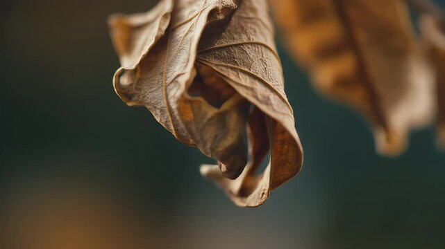 Close-up of a single dried, curled brown autumn leaf against a soft, dark green background.