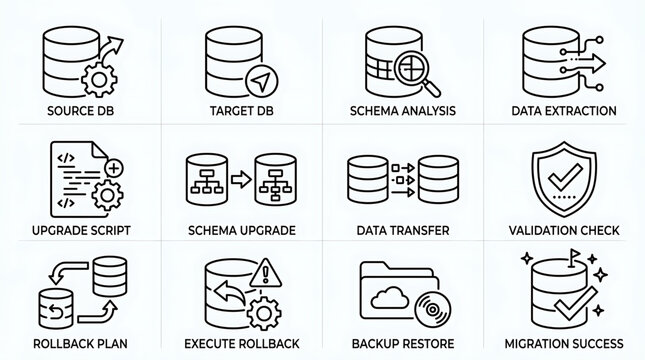 Database migration process icons with schema analysis and data extraction