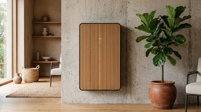 Modern smart home battery energy storage system with a fluted wood panel mounted on a raw concrete wall in a minimalist living room, next to a potted fiddle-leaf fig plant, sustainable green tech aest