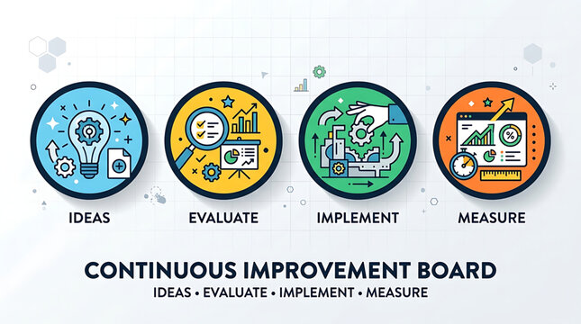 Business process improvement board with ideas evaluate implement measure stages