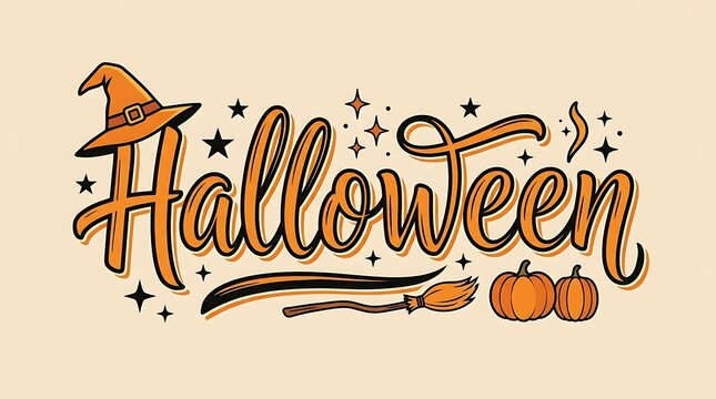 Halloween celebration text design with witches hat and broomstick