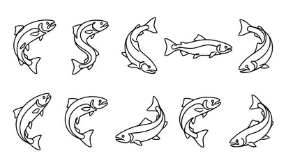 Obraz premium Minimal Continuous Line Salmon Fish Vector Illustration Set