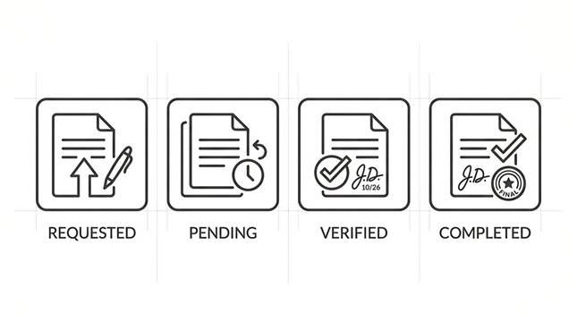 Four icons illustrate document statuses with pending verified completed and requested labels