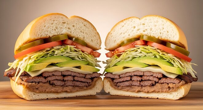  Mexican cuisine :  Mexican Torta sandwich cut neatly in half on a wooden board. The crusty, soft bolillo bread roll is toasted to a light golden hue,