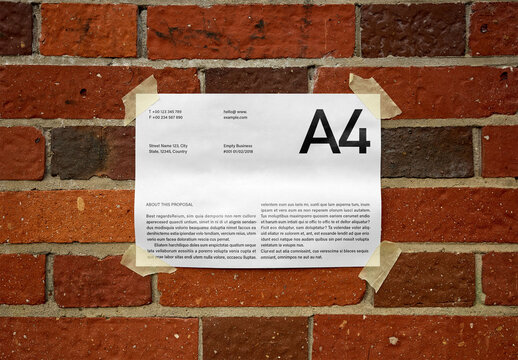 Mockup Of Customizable A4 Paper Taped To Wall