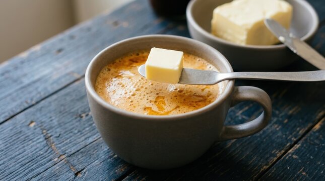 Freshly Brewed Bulletproof Coffee in a Ceramic Mug with a Cube of Butter on a Spreader Knife, Ketogenic and Paleo Diet Concept for Healthy Morning.