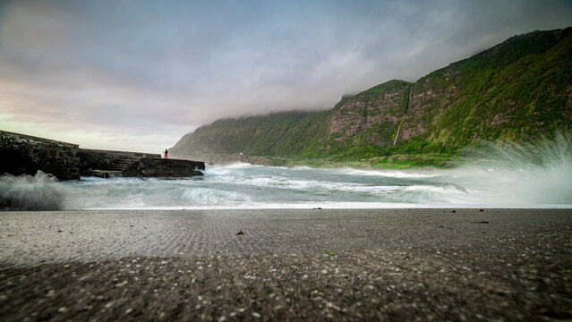 View at Zona Balnear da Faja Grande, beachfront at the most western coastal village of Europe on Flores Island, Azores.