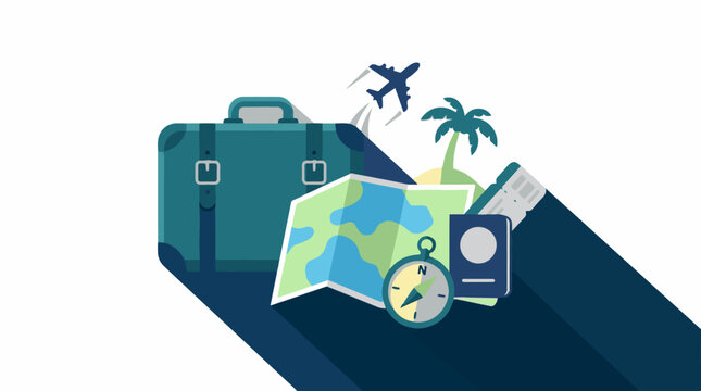 A travel collage featuring a suitcase map passport plane and island