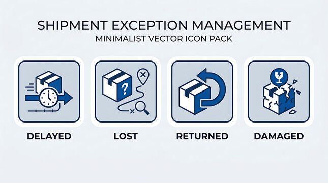 Shipment exception management icon set includes delayed, lost, returned, damaged packages