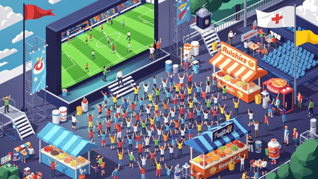 Crowd of Sports Fans Watching Football Match on Large Screen.