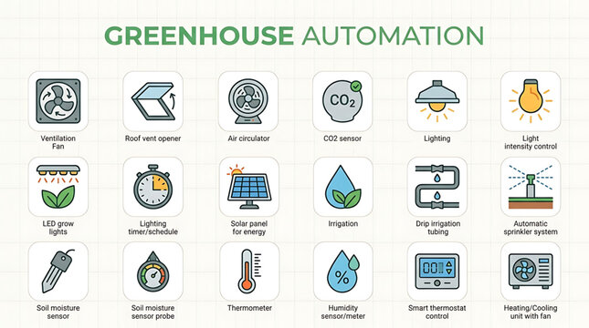 Automated systems manage greenhouse climate control, temperature, and lighting