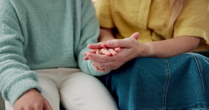 Care, holding hands and stress relief of child with parent in home for comfort or support. Calming, love and soothing technique with family in apartment together for safety, security or trust