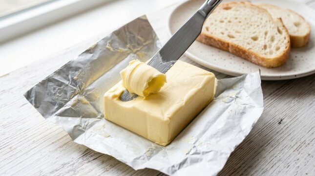 Close-up of a silver table knife scraping and curling fresh yellow butter from a block on silver foil wrapper with sourdough bread on a wooden table