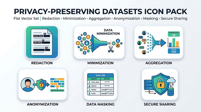 A collection of flat vector icons illustrating various data privacy concepts including redaction minimization aggregation anonymization data masking and secure sharing.
