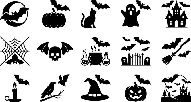 Halloween bundle silhouette icons isolated on transparent background for spooky decor and design, Halloween vector 
