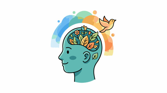 A stylized illustration of a human head with a vibrant open brain filled with flowers and leaves alongside a small bir