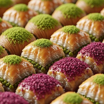 Traditional Turkish Midye Baklava with Pistachio and Pomegranate Toppings, Close-up of Delicious Sweet Phyllo Pastry Dessert in a Rows Background