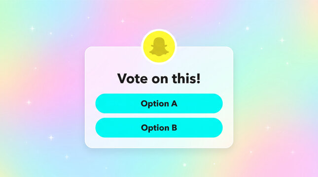 Snapchat interactive voting poll sticker icon with yellow ghost logo on holographic pastel background, social media interface element, editorial use.