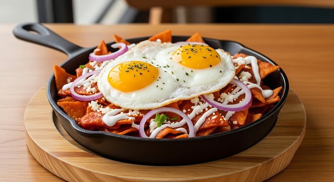  Mexican cuisine : bowl of Chilaquiles Rojos served in a cast-iron skillet on a wooden trivet. The crispy fried corn tortilla chips are tossed and coa