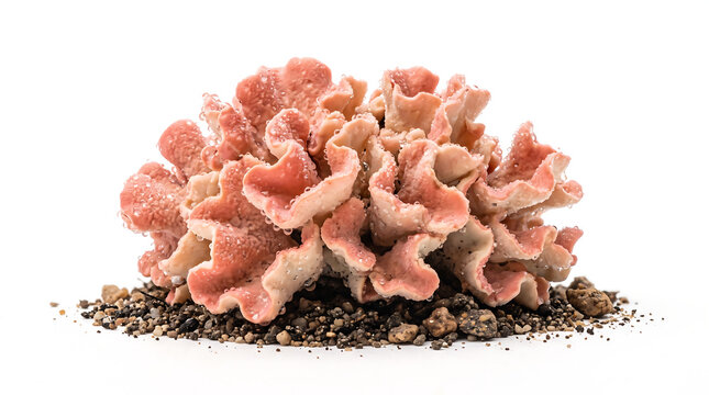 A single, isolated cluster of bright coral lichen with irregular rounded lobes, resting on a thin bed of soil and pebbles on pure white background