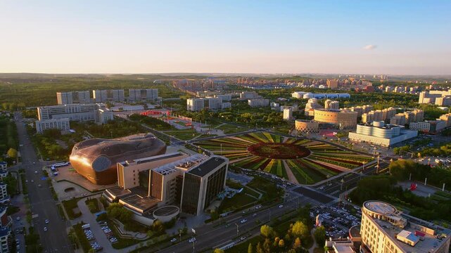 Aerial dusk view of Two Steeds Square in Kangbashi New District, Ordos, Inner Mongolia, China