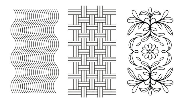 Decorative seamless border design elements collection featuring wavy lines abstract basket weave pattern and symmetrical vintage floral ornament frame illustration