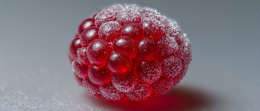An Intricate Macro Shot Featuring Frostcovered Raspberry With Glistening Droplets And Striking Color Contrast