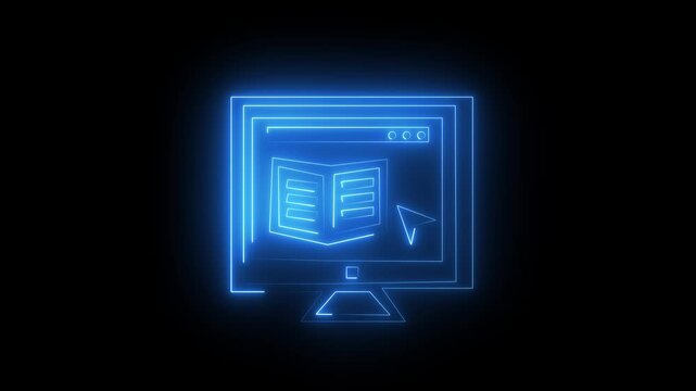 Neon glowing computer screen displaying online education with book and cursor icon 4k video animation
