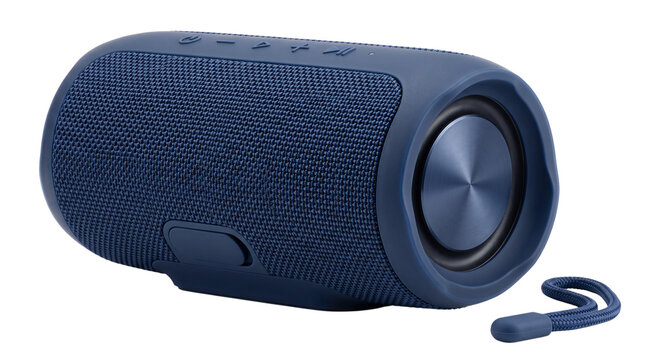 Blue portable bluetooth speaker with strap isolated on transparent background