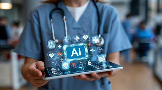 Medical professional holding tablet with AI healthcare technology icons