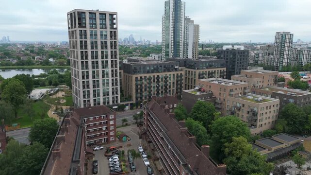 Drone shot residential housing estate with old and new apartments in North London showing gentrification