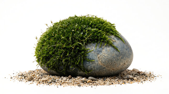 A single, isolated smooth rounded river stone with deep green moss clinging to its surface, resting on a thin bed of sand and pebbles on pure white background