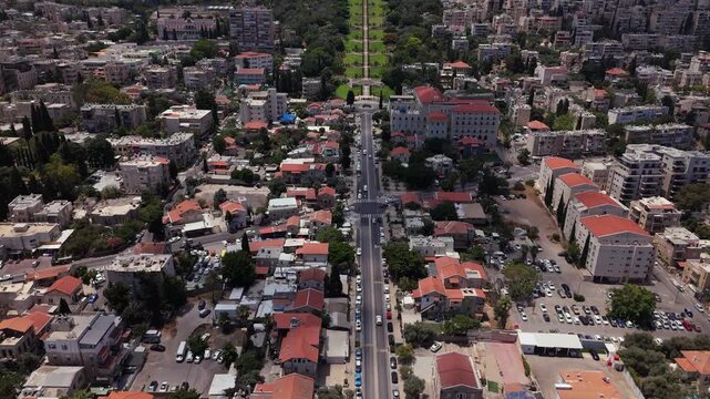 Aerial Forward Tracking Shot Over German Colony Revealing Bahai Gardens Israel