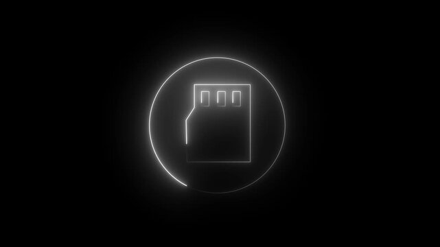 Memory card  icon animation. glowing neon line motion graphic animation on black background. Data memory chip concept, memory card symbol video.