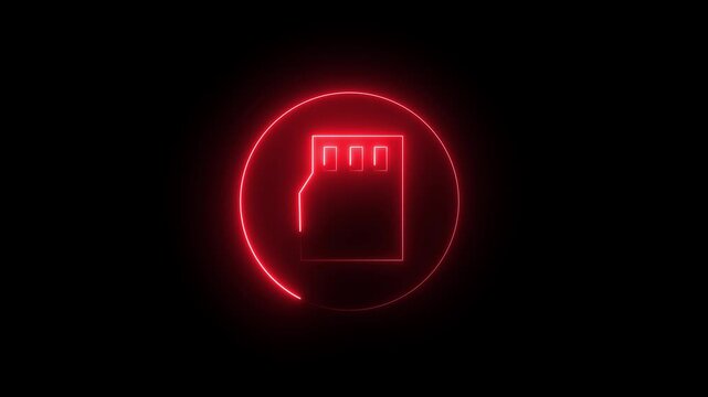 Memory card  icon animation. glowing neon line motion graphic animation on black background. Data memory chip concept, memory card symbol video.