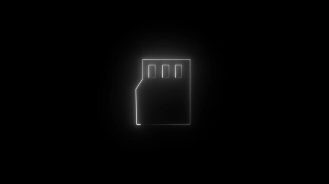 Memory card  icon animation. glowing neon line motion graphic animation on black background. Data memory chip concept, memory card symbol video.
