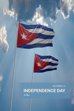 Two flags of Cuba in blue sky with clouds for National holiday